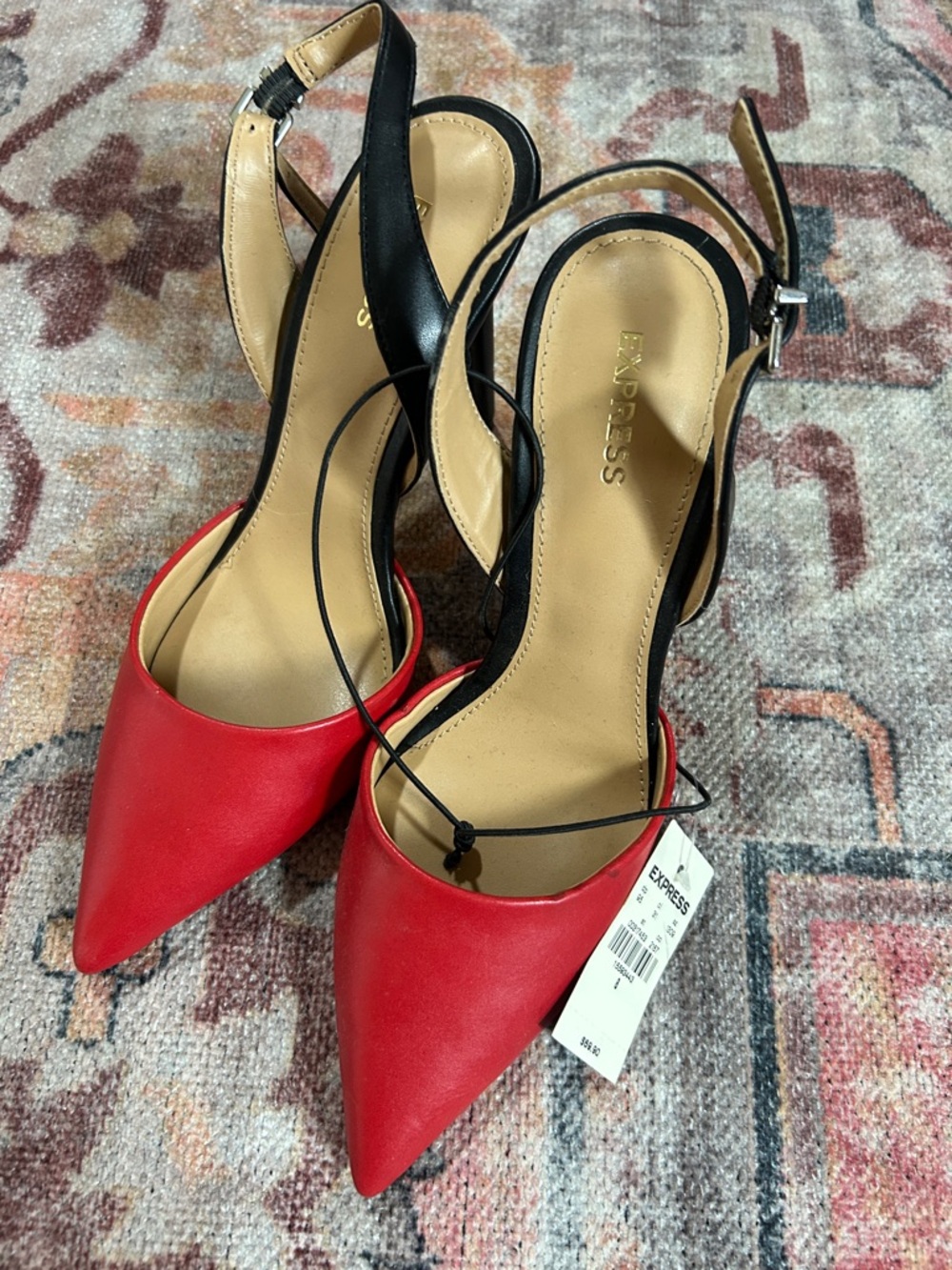 Express Women's Red Pointed Slingback Heels with Black Straps